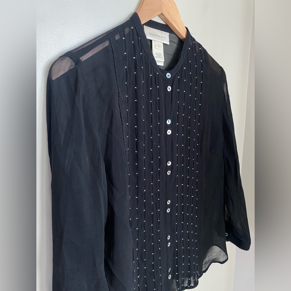 SUSAN BRISTOL Silk Black Button Up Sheer Blouse Size Small Vintage - Picture 7 of 15